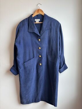 Vintage 100% Silk Navy Shirt Dress with Gold Buttons